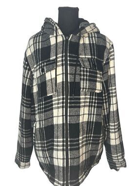 GRADUAL Men's L Plaid Serpa Fleece Lined Hooded Jacket Black White Heavy Flannel